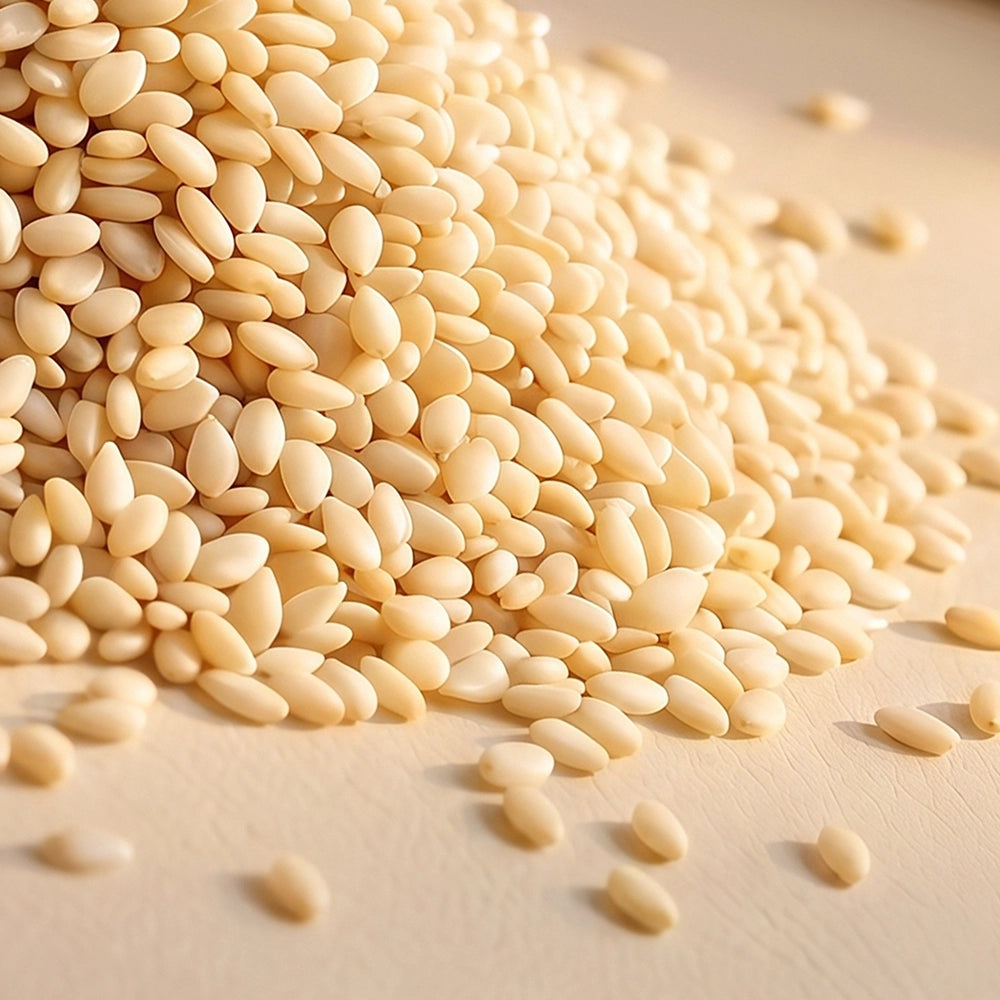 Pale beige sesame seeds on a warm light background.