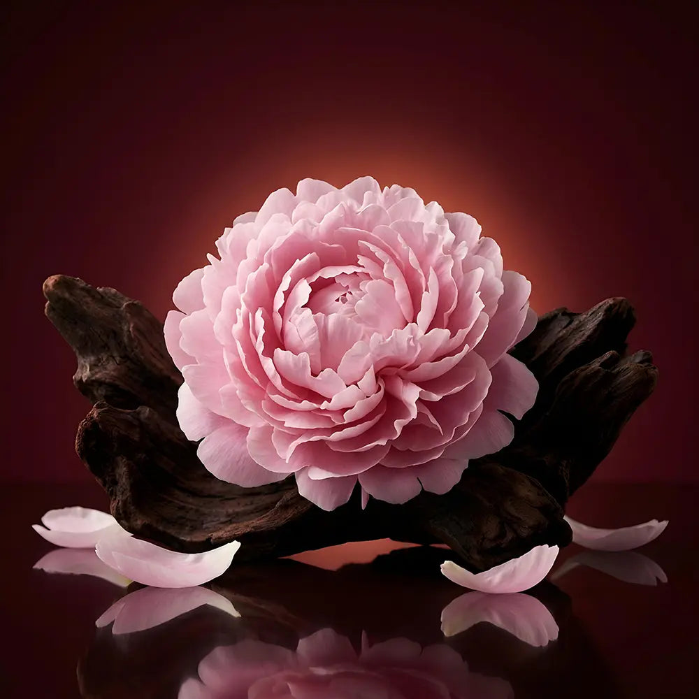 Pink flower on a dark brown branch with a red background