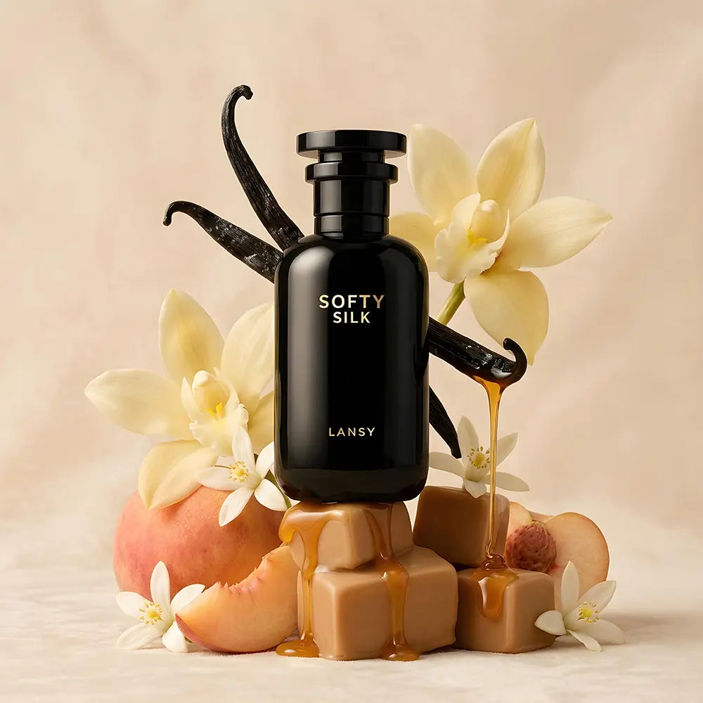 Lansy Softy Silk perfume bottle surrounded by vanilla beans, peach slices, and flowers on a beige background