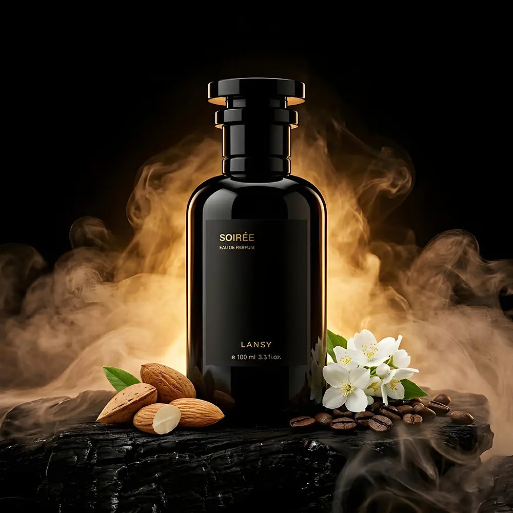 A black glass bottle of Lansy Soirée Extrait de Parfum with a matching cap, displayed on a dark textured surface with almonds, white flowers, and coffee beans, surrounded by dramatic golden smoke against a black background.