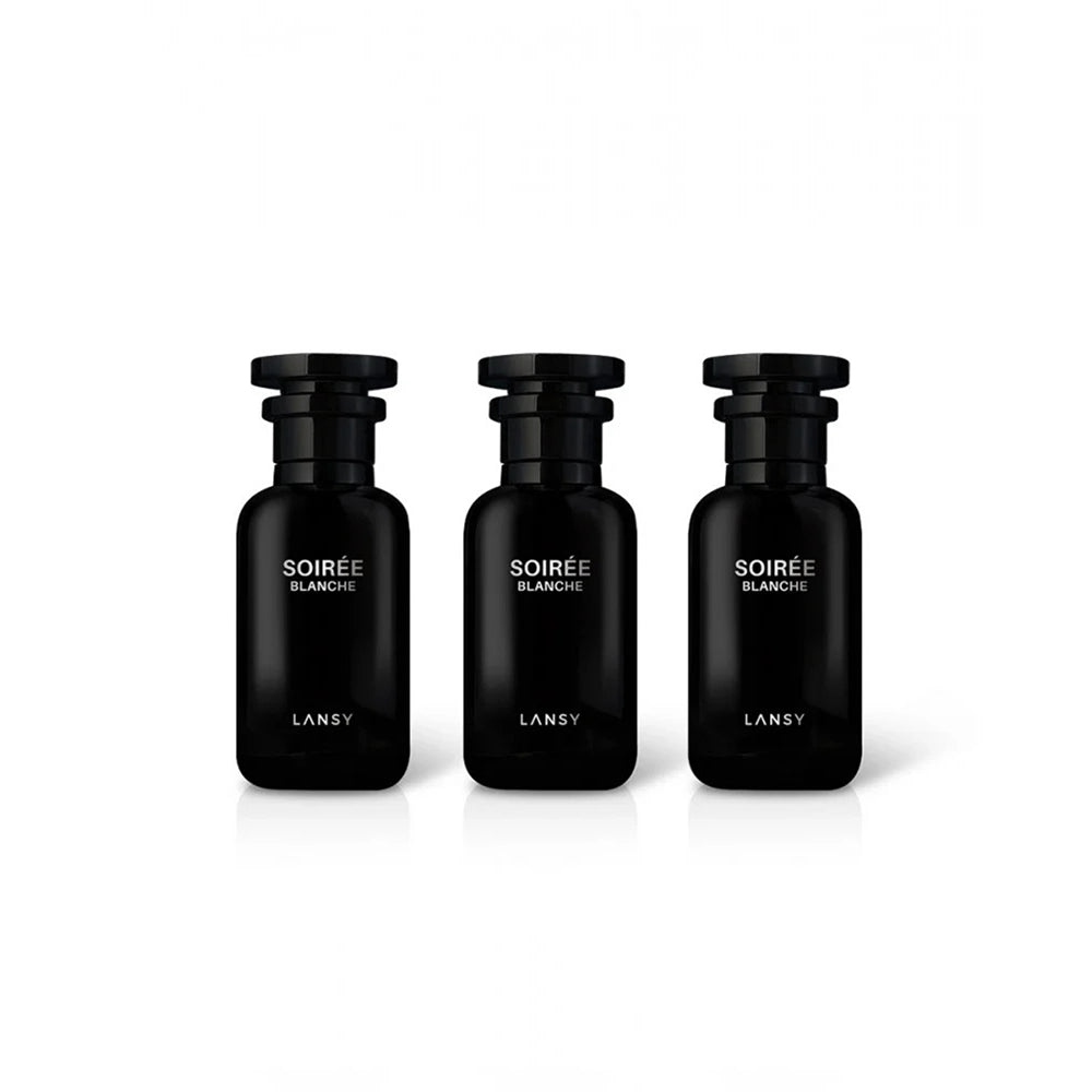 Three black Lansy perfume bottles labeled &