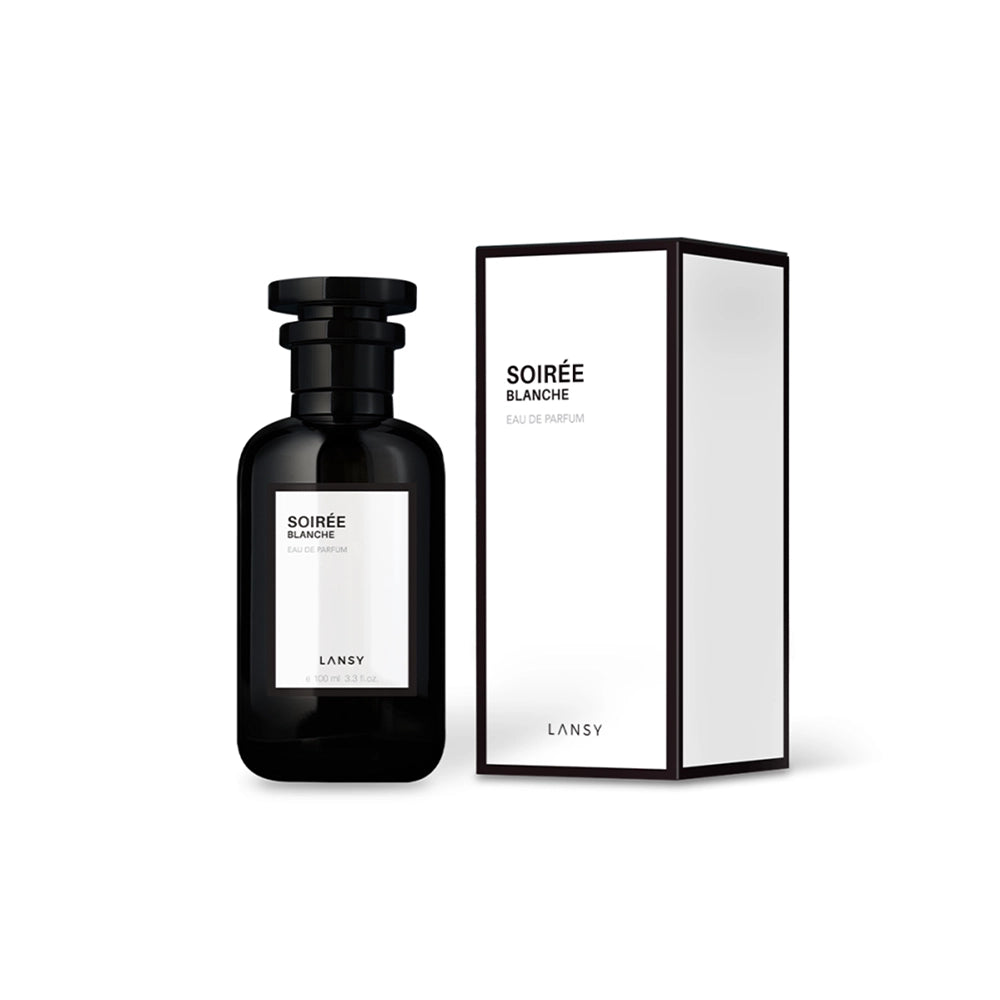 Lansy Soiree Blanche perfume bottle and packaging on a white background