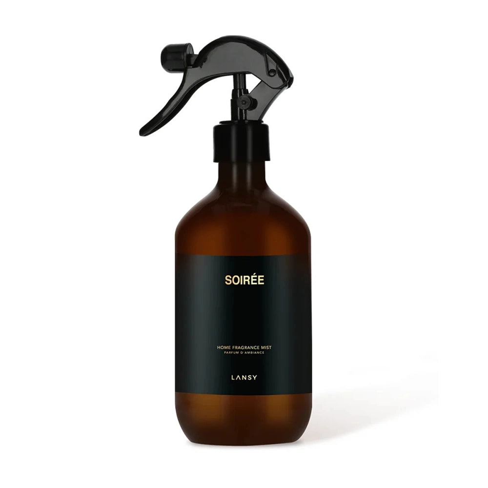 Brown spray bottle with black label on a white background
