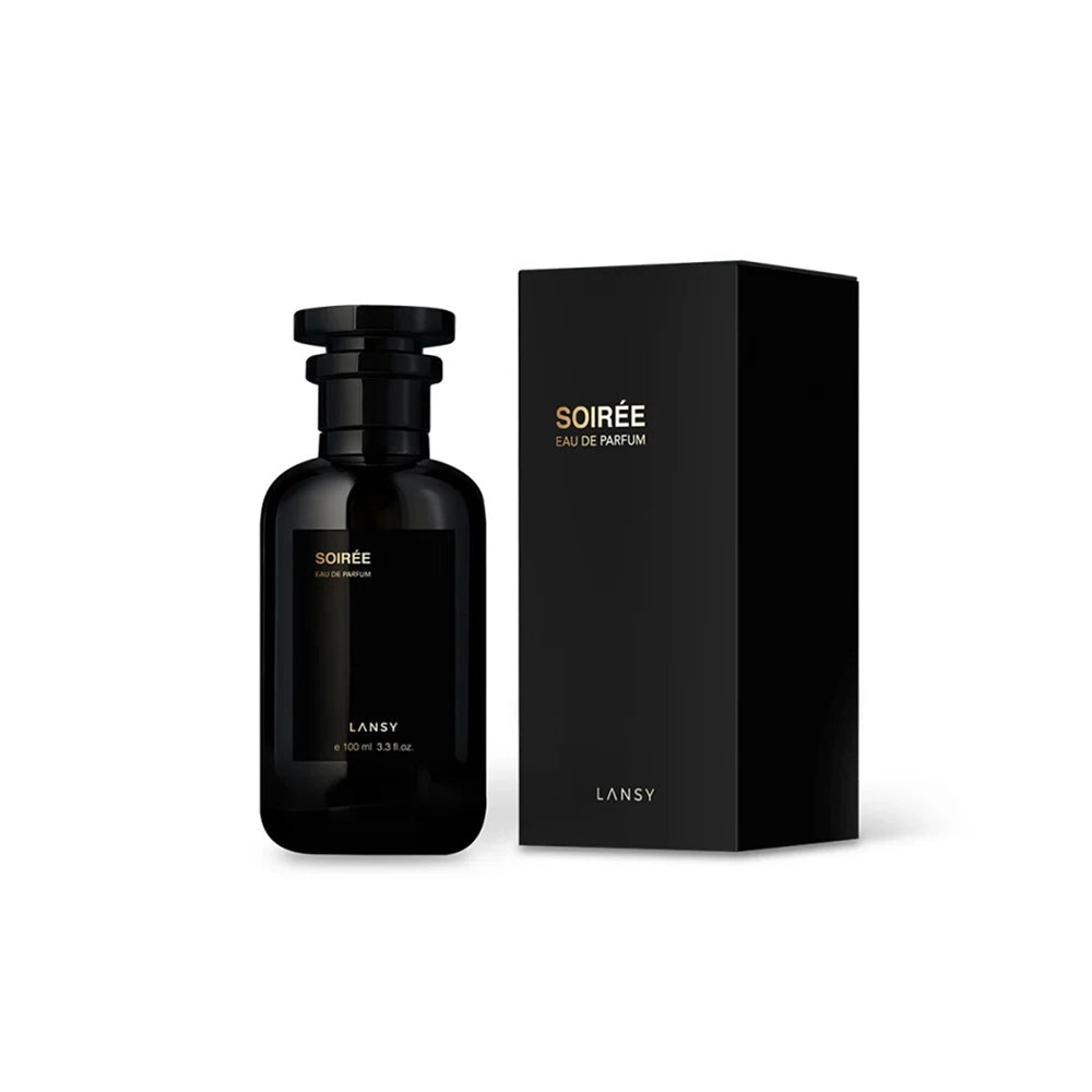 Black LANSY perfume bottle and packaging on a white background