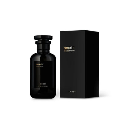 Black LANSY perfume bottle and packaging on a white background