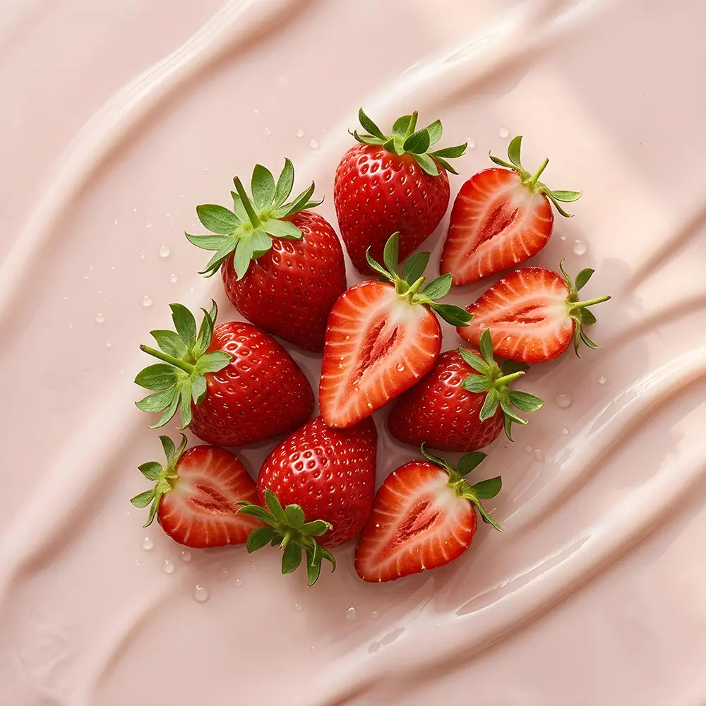 Strawberries on a pink, creamy background