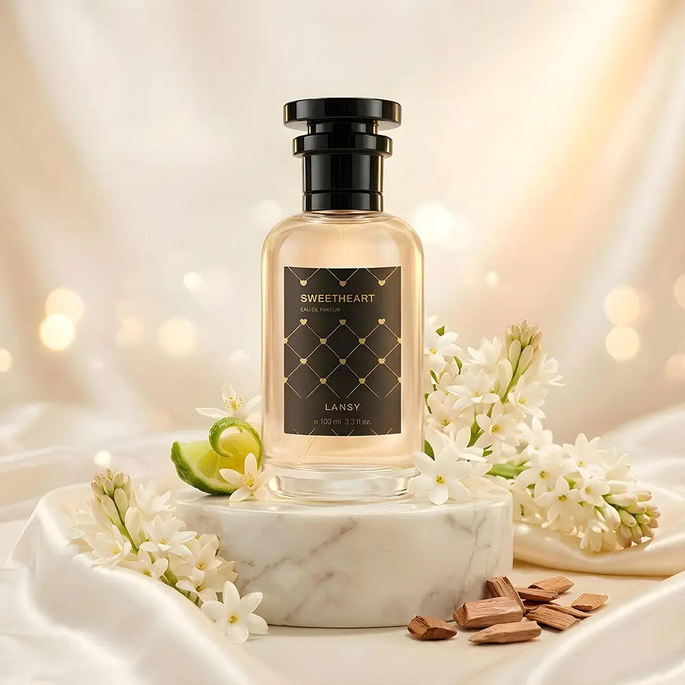 Lansy Sweetheart perfume bottle with flowers and chocolate on a marble base