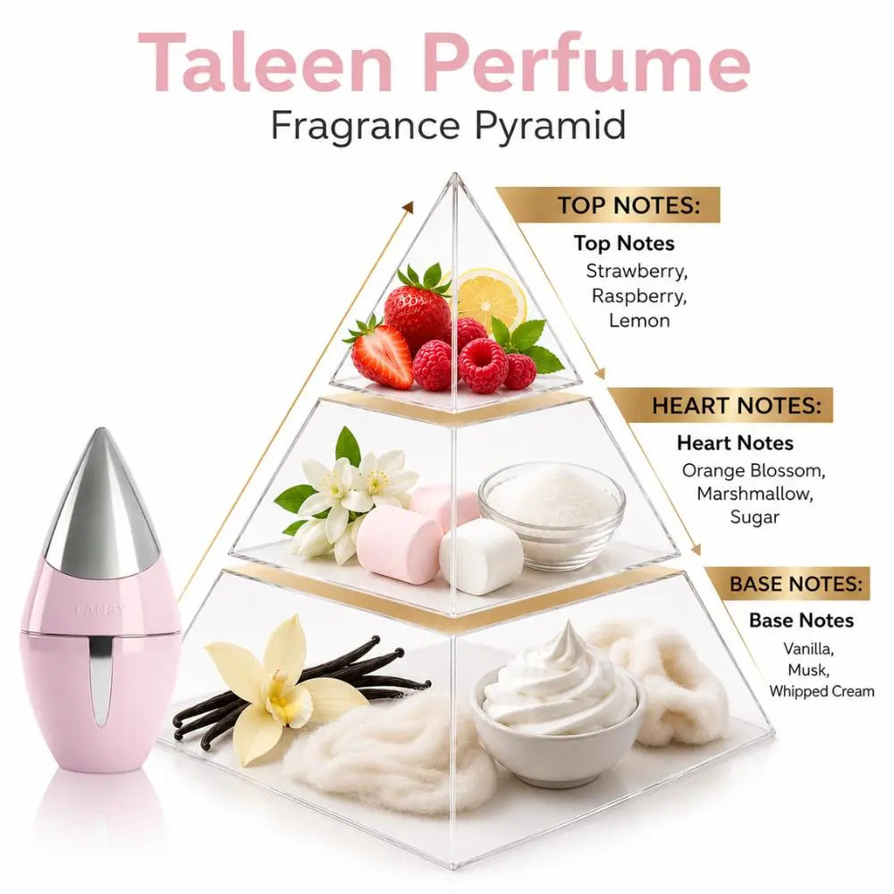 A pink and silver perfume atomizer bottle is shown beside a clear pyramid labeled &