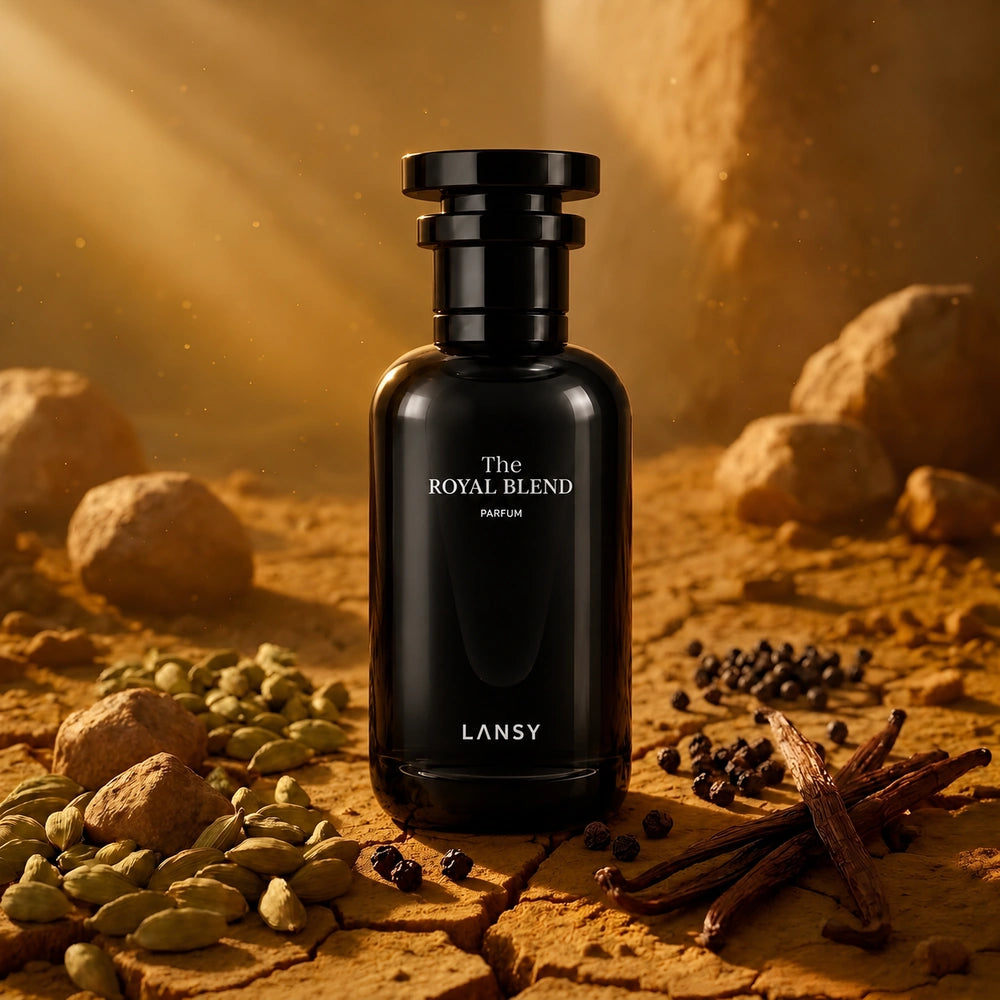 The Royal Blend Perfume bottle with notes