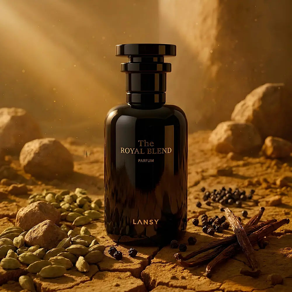 Lansy The Royal Blend parfum bottle with spices and stones in a desert setting
