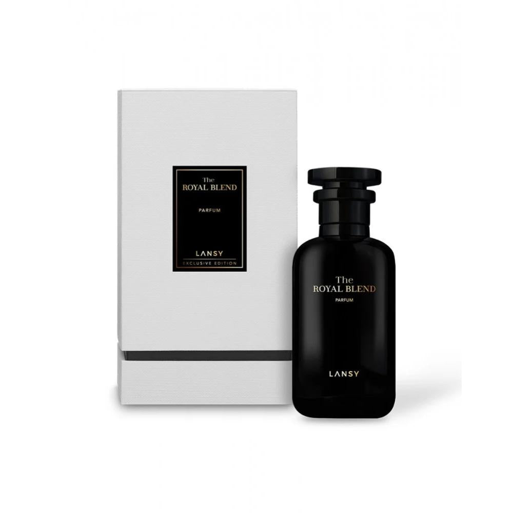 Black LANSY perfume bottle and packaging on a white background