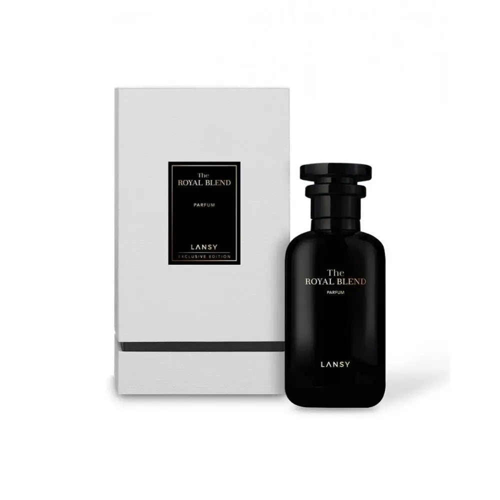 Black LANSY perfume bottle and packaging on a white background
