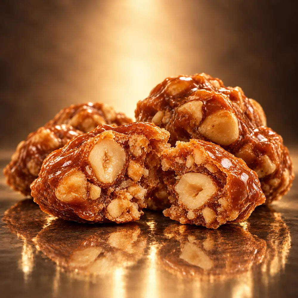 Three glossy caramel-coated nuts with visible nut pieces inside, arranged on a reflective metallic surface against a warm golden-brown background.
