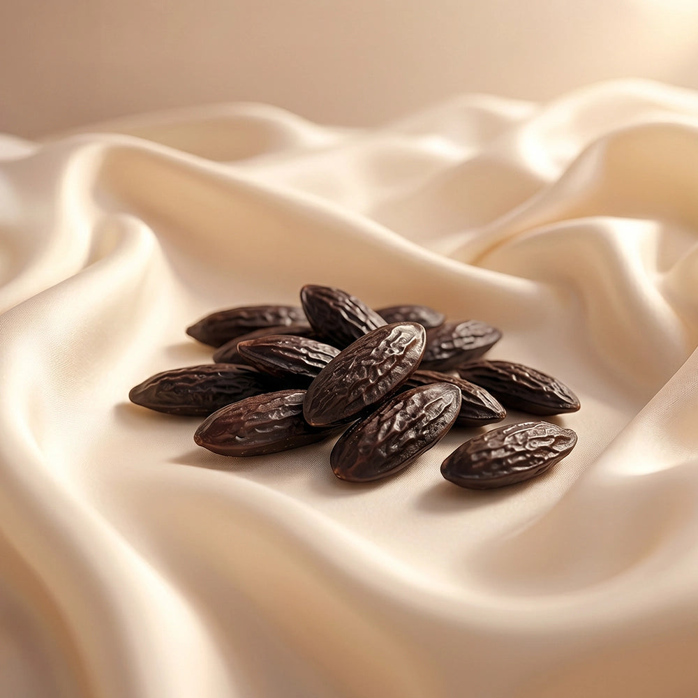Tonka Beans on soft cream fabric.