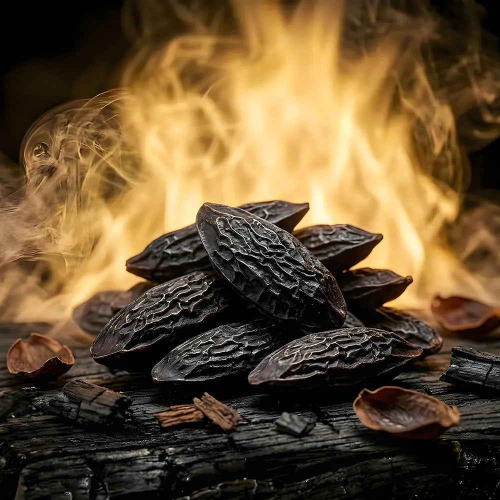 Tonka beans pieces on a charred log with glowing flames and smoke in the background.