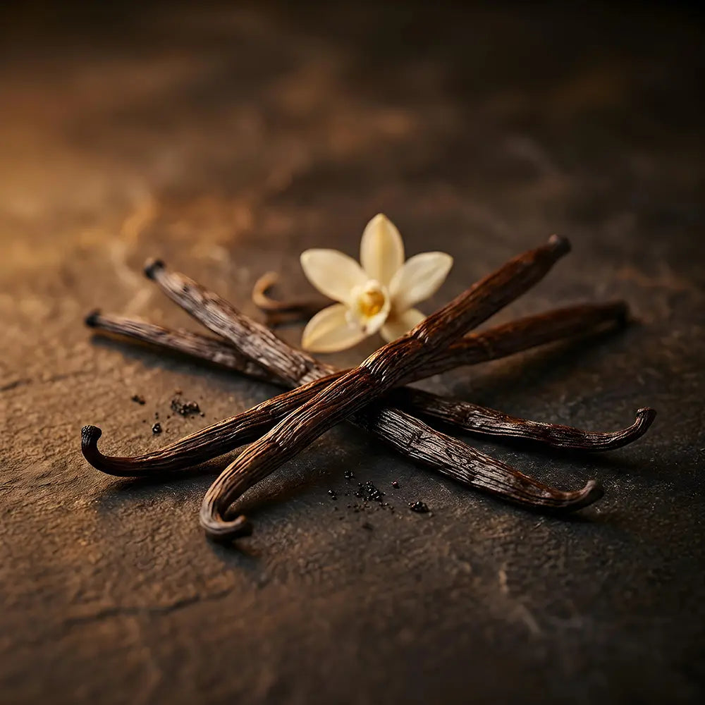 Vanilla beans and a vanilla flower on a dark wooden surface