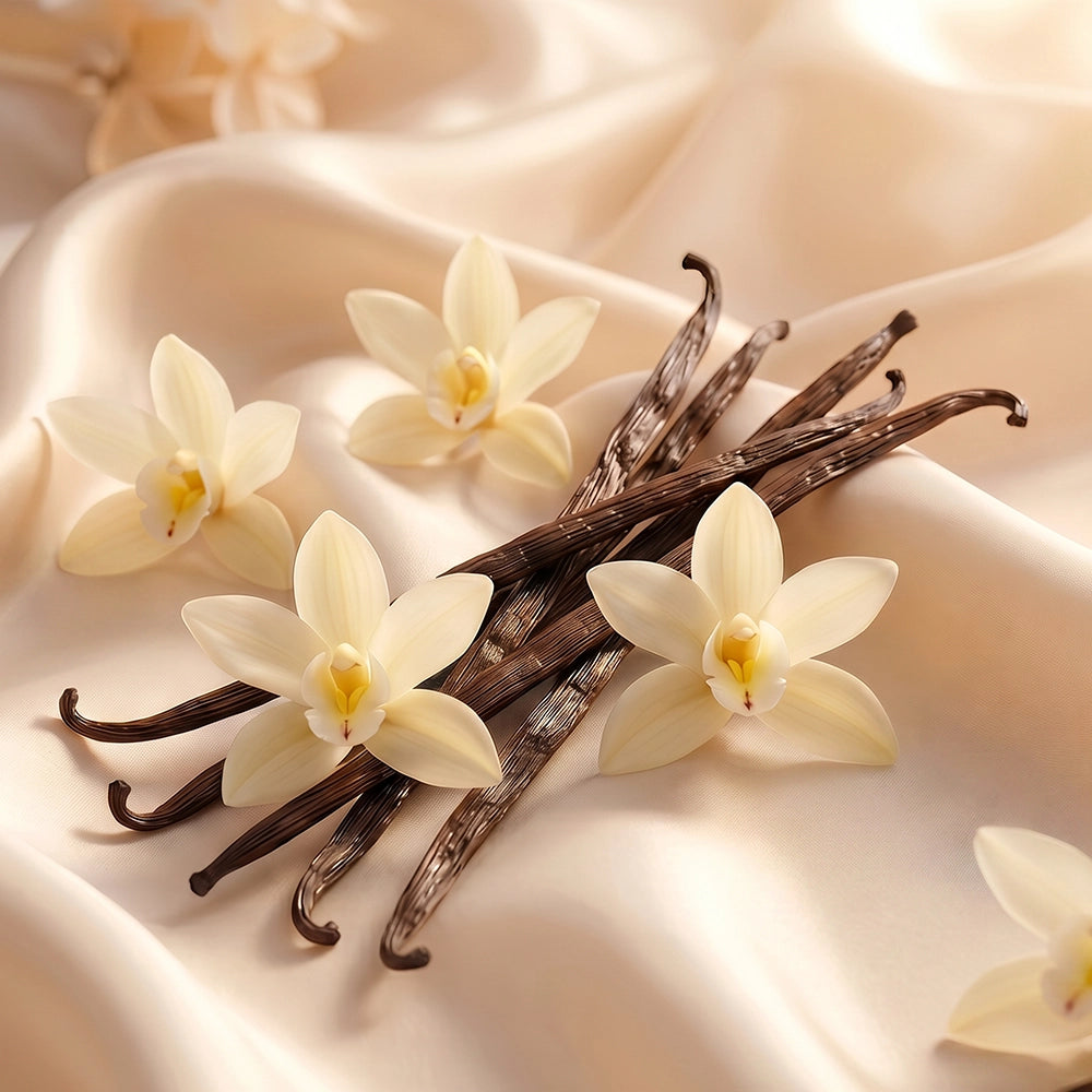 Vanilla beans with white vanilla orchid flowers on cream satin fabric.