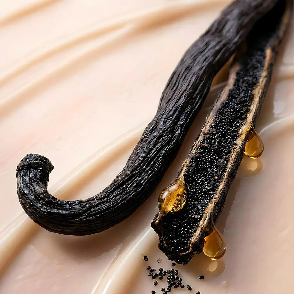 Vanilla beans with honey on a beige background