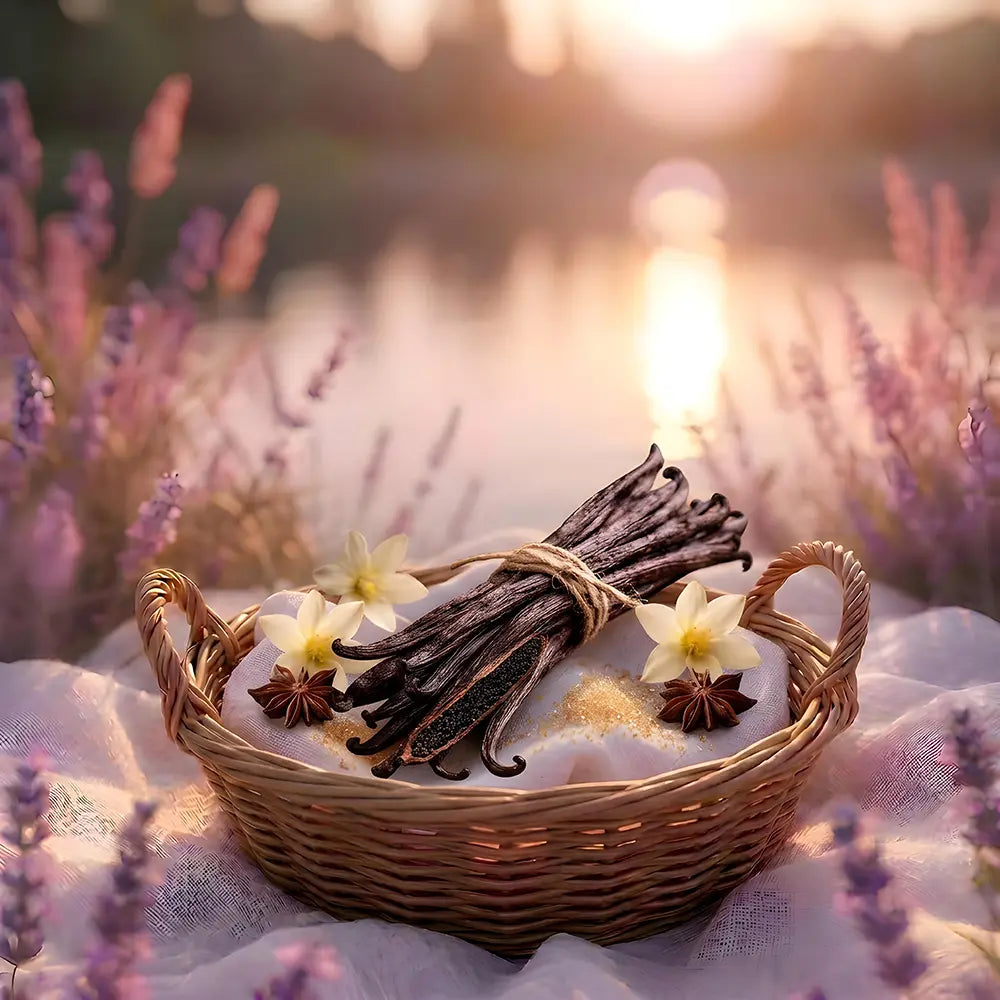 Basket of vanilla beans with flowers on a blurred lavender field background