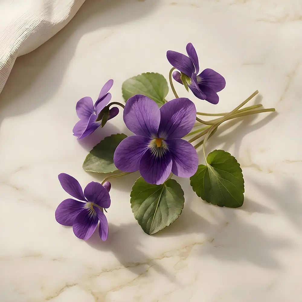 "A small bunch of purple violet flowers and green leaves on a light marble surface."