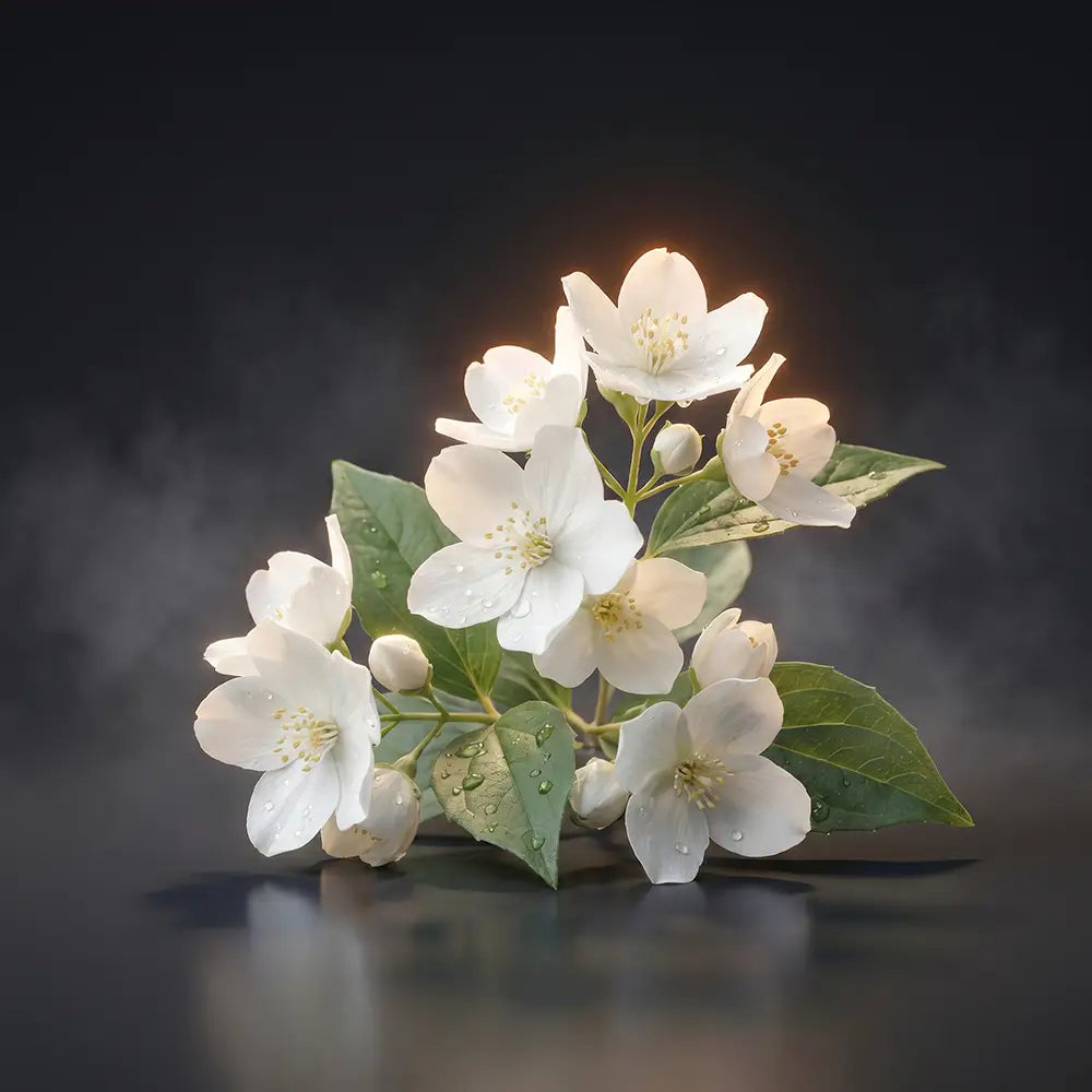 White blossoms with green leaves on a dark reflective surface.
