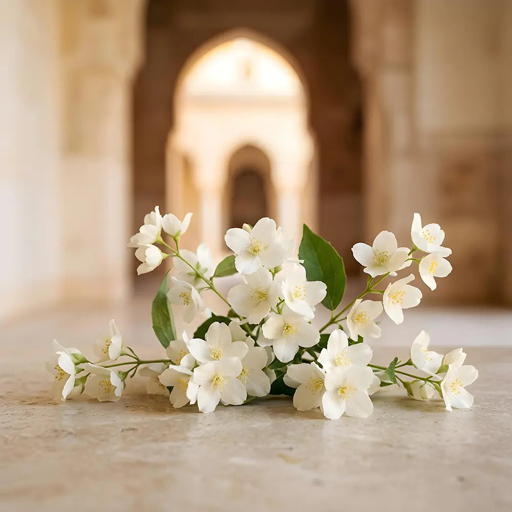 Bouquet of white flowers on a stone surface with a blurred architectural background