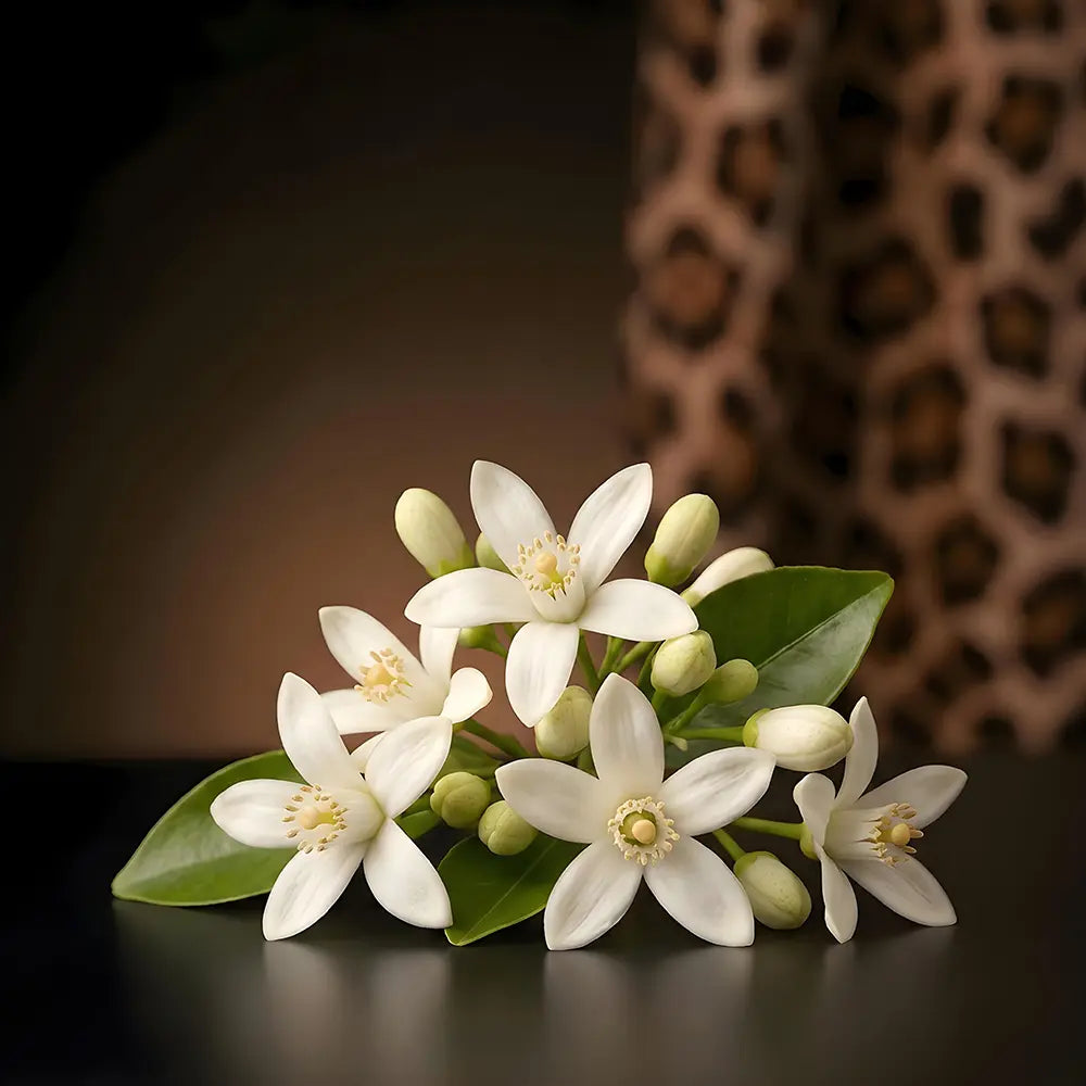 White flowers with green leaves on a dark surface