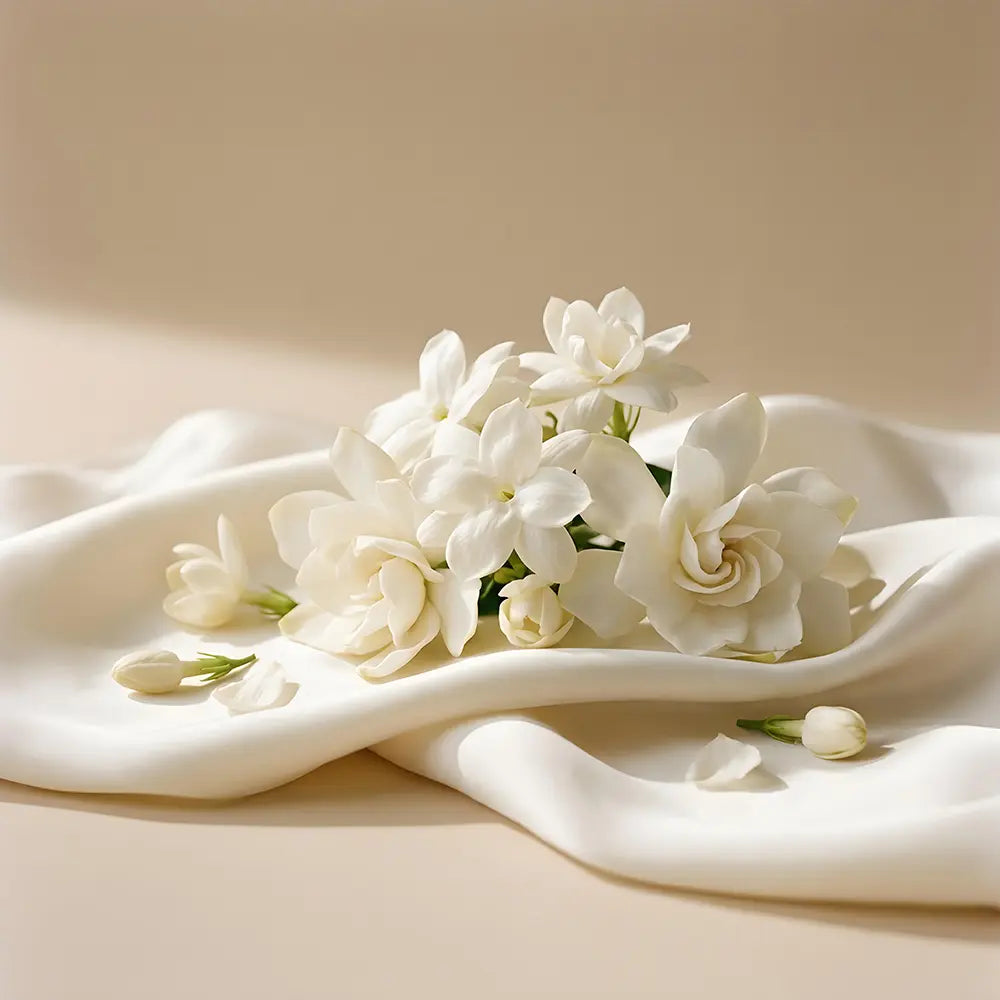White flowers on a soft beige fabric background