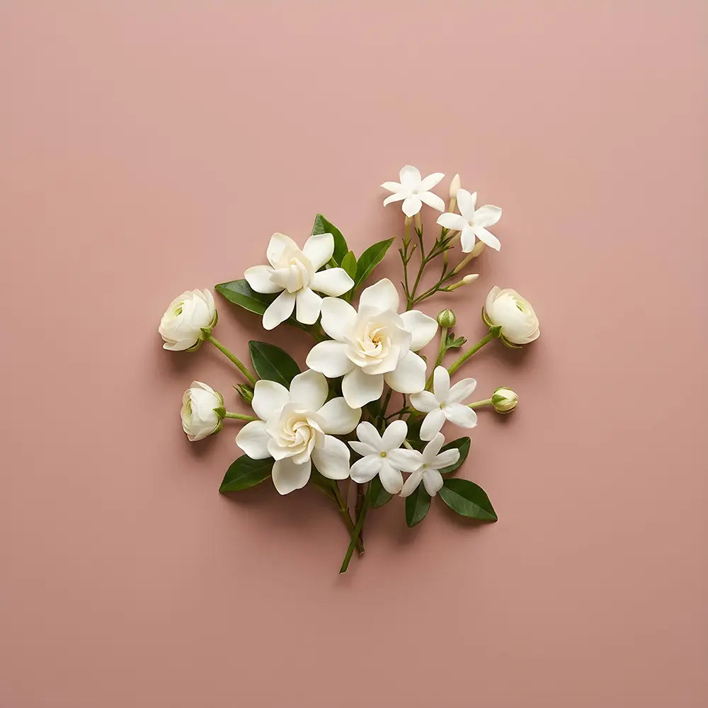 White jasmine flowers with green leaves on a dusty pink background.