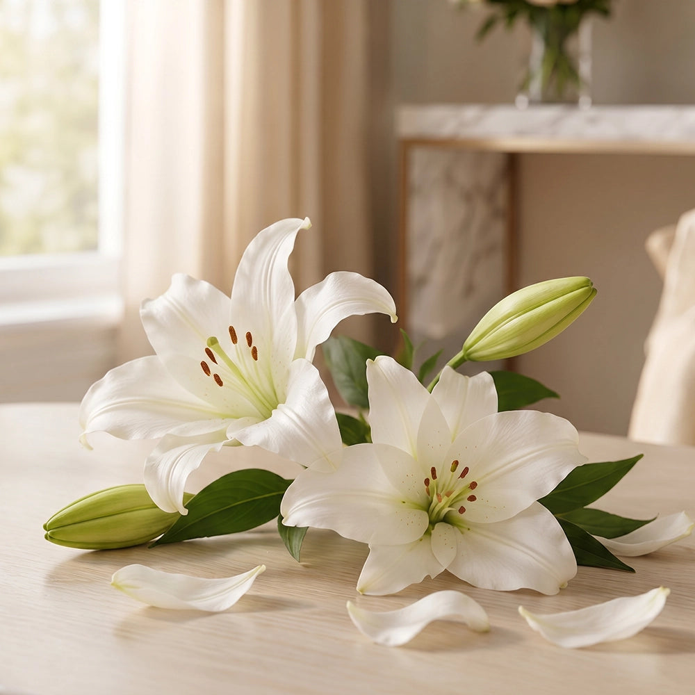 White lilies with green leaves and buds on a light wooden table.
