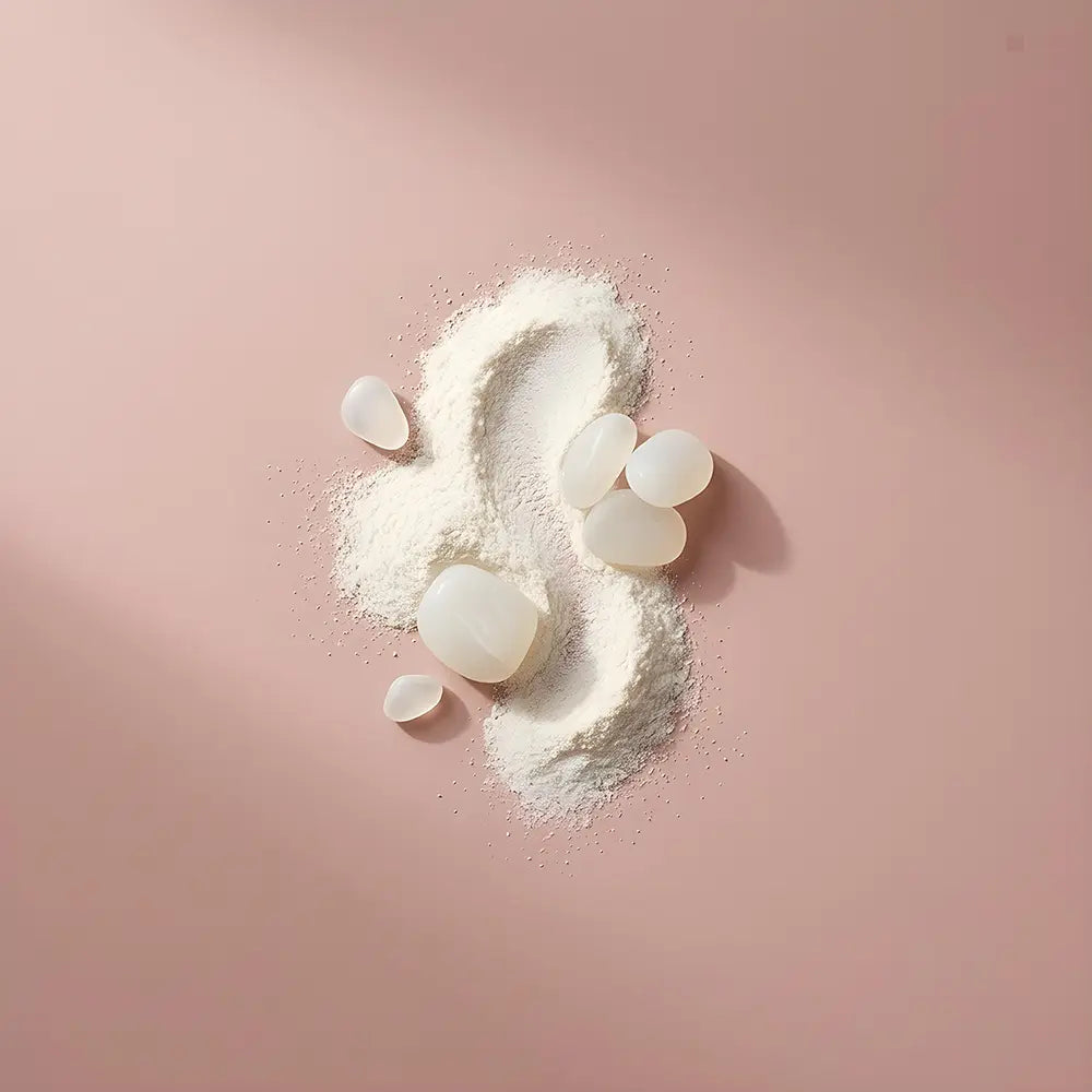 White musk powder and translucent beads on a soft pink background.