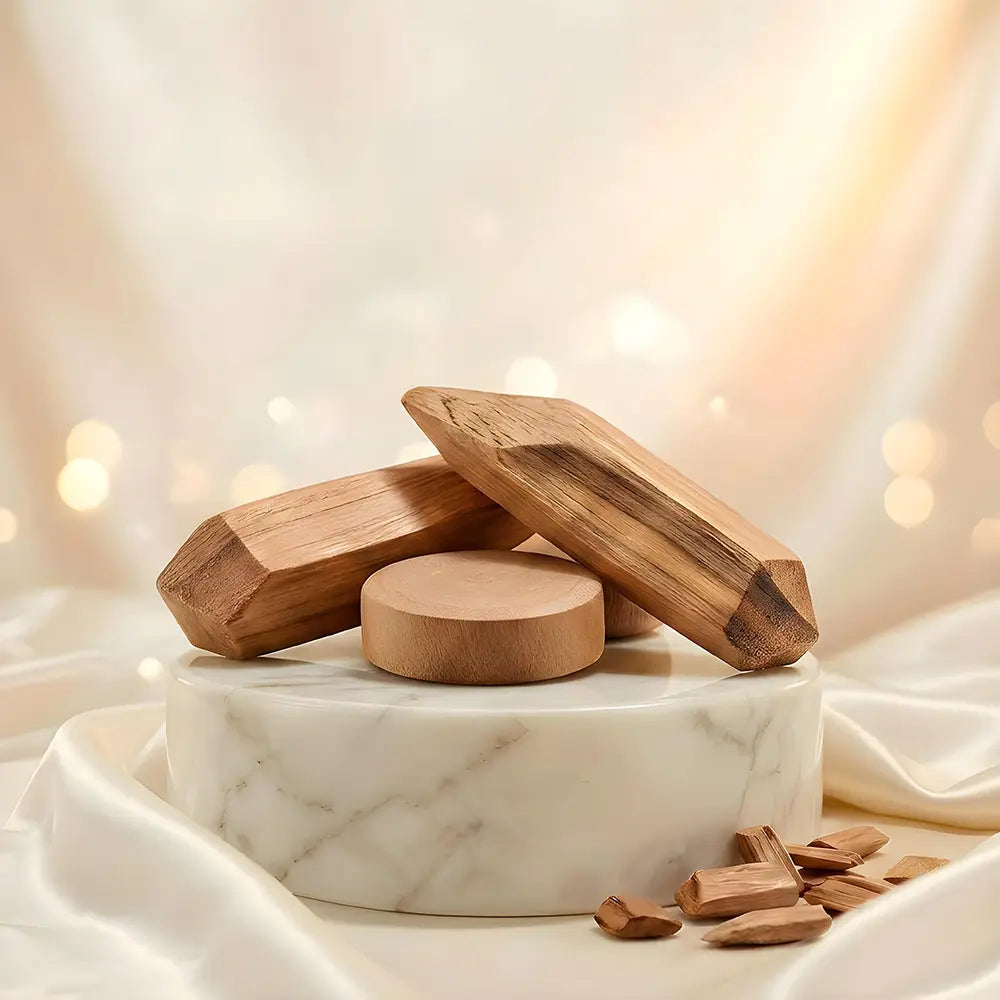 Wooden blocks on a marble pedestal with a soft, blurred background