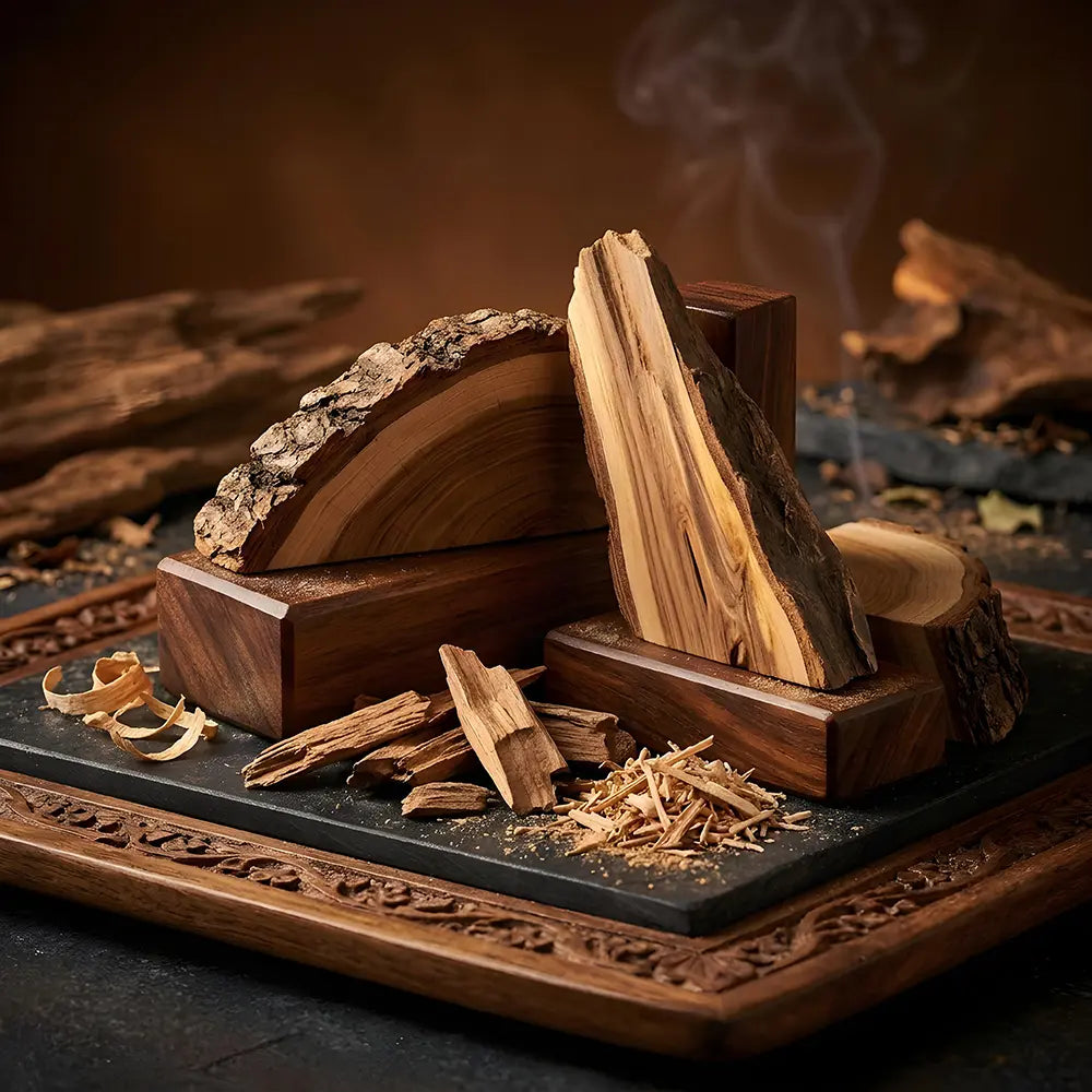 Wooden incense burner with burning wood and smoke on a dark background