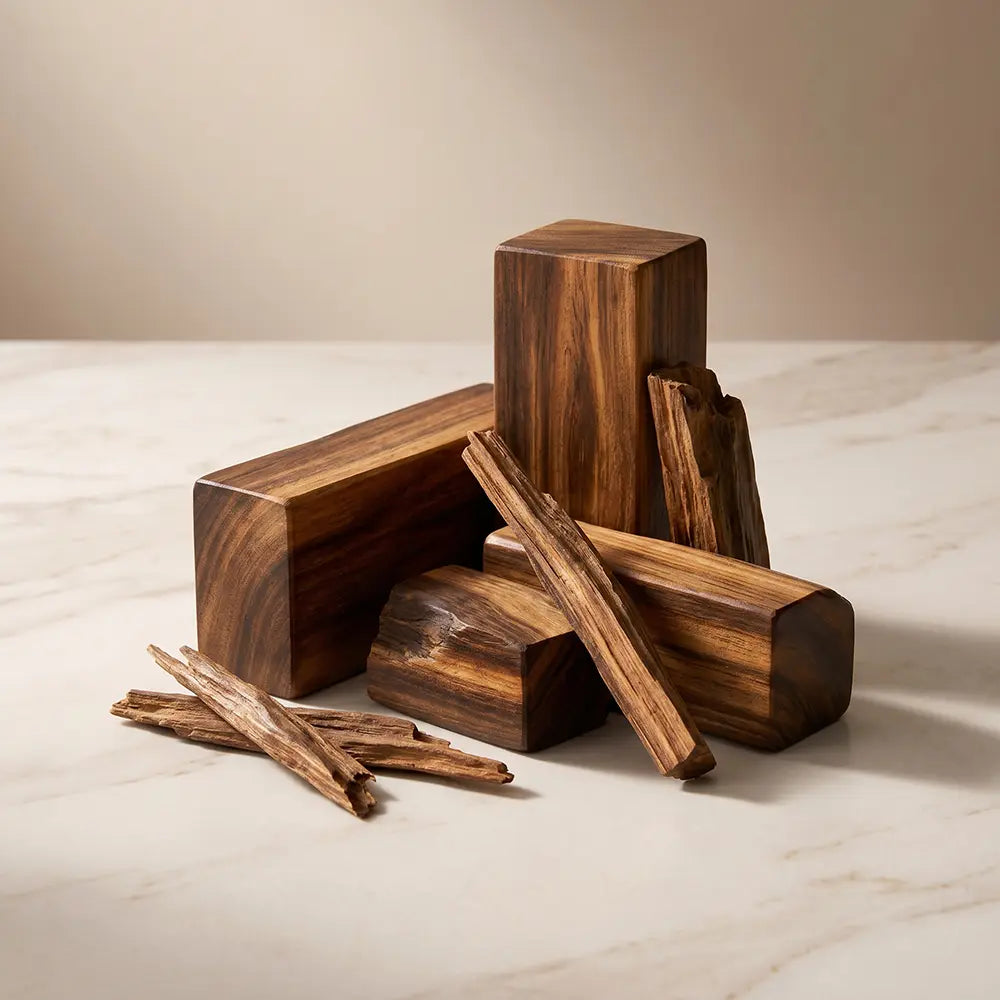 Dark wood blocks and natural wood chips on a light marble surface.