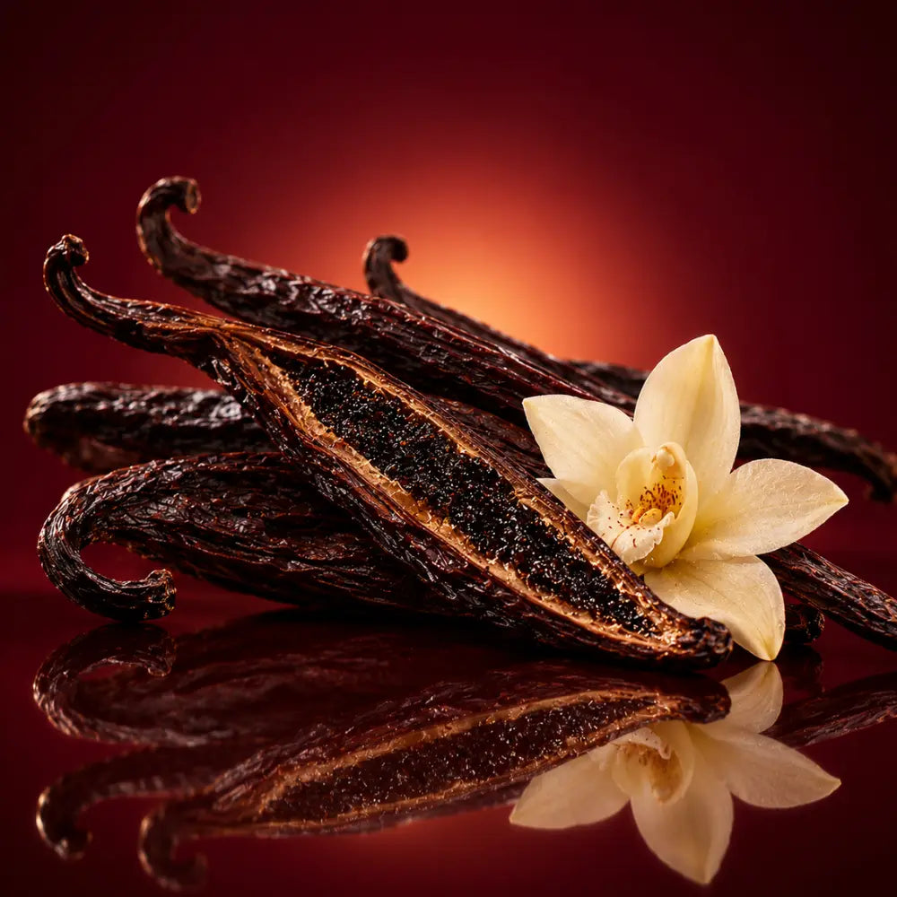 A close-up studio shot of several dark brown vanilla beans, with one split open to reveal the seed interior and a pale cream vanilla flower resting on top, set against a warm red-burgundy gradient background with a reflective surface below.