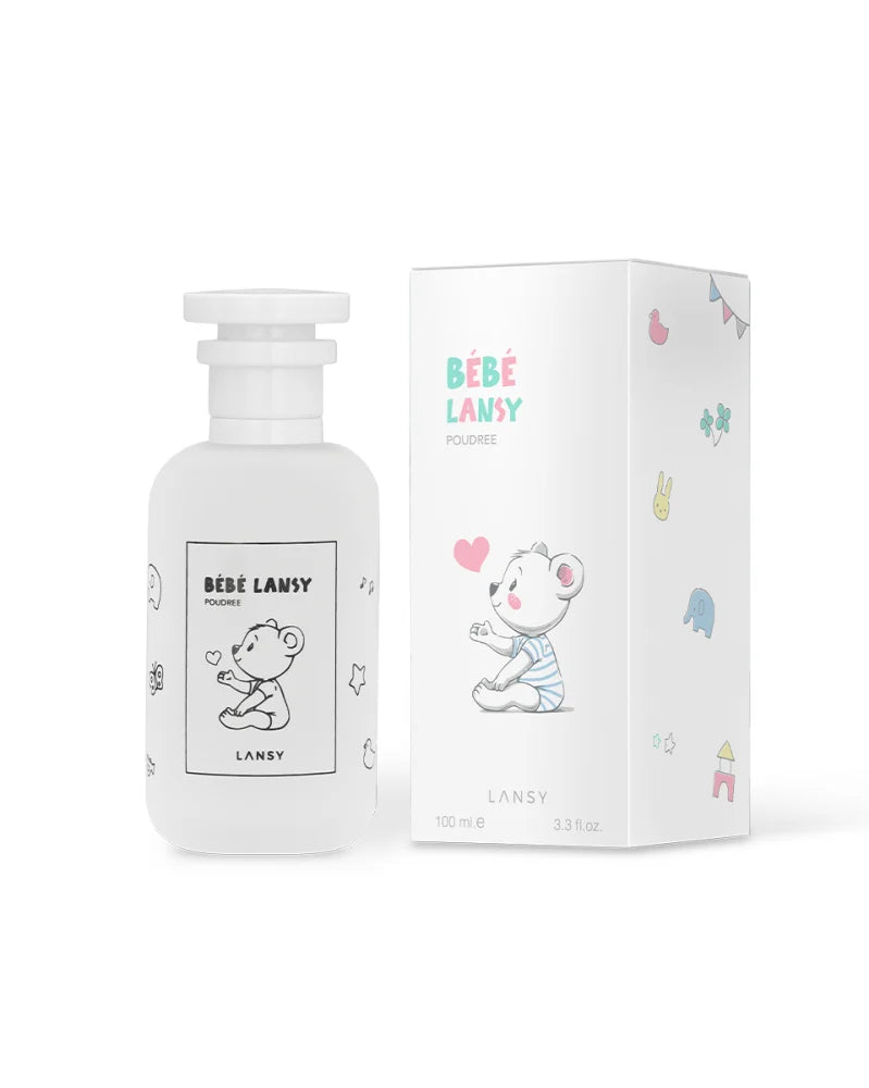 LANSY BÉBÉ Poudrée kids perfume bottle with matching packaging on a white background.