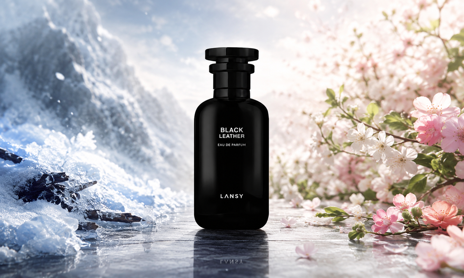 LANSY Black Leather Eau de Parfum bottle surrounded by ice and pink blossoms
