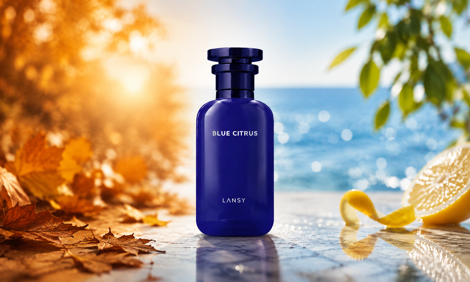 LANSY Blue Citrus Parfum bottle with lemon and autumn leaves by the ocean