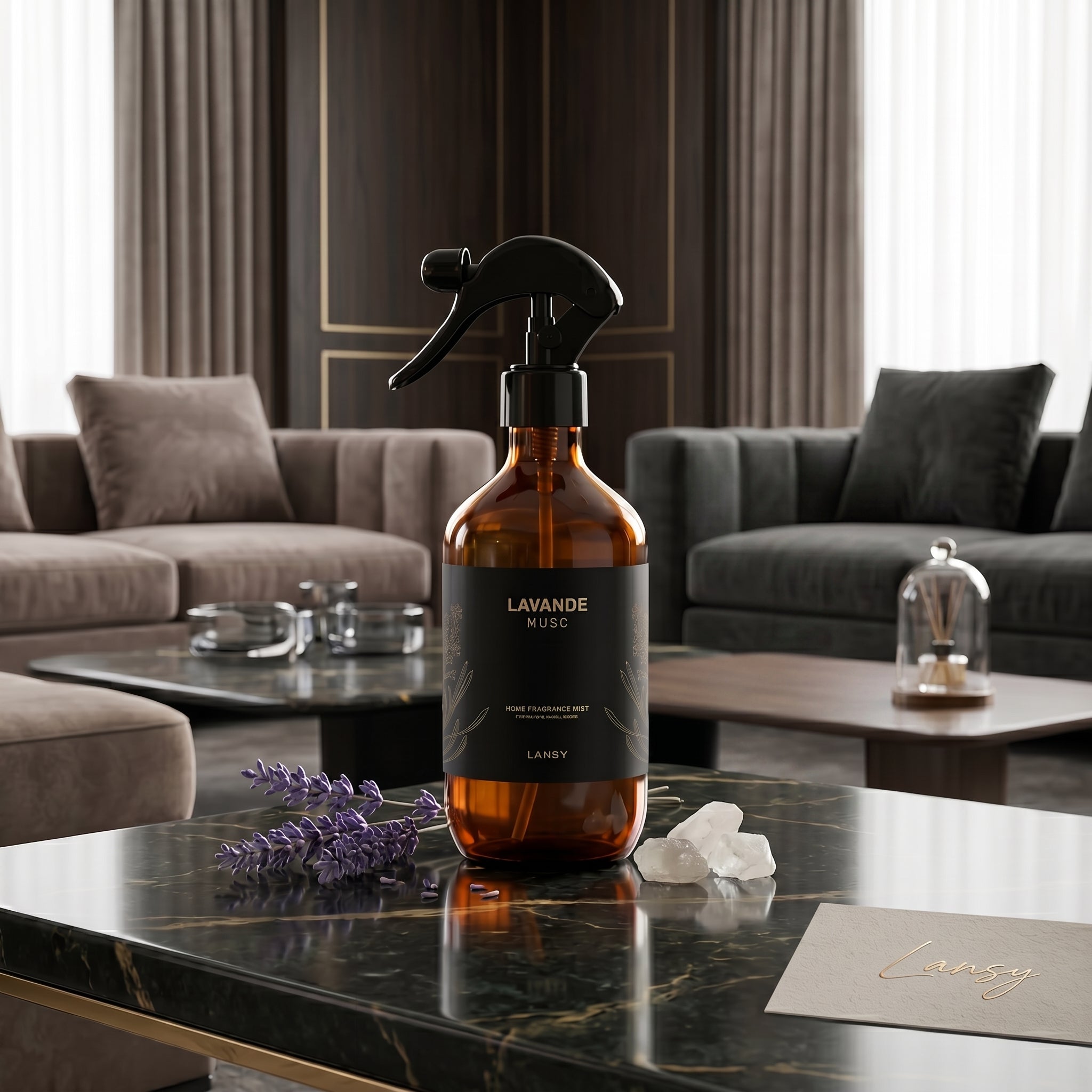 LANSY Lavande Musc Home Fragrance Mist styled with lavender in a luxury living room.
