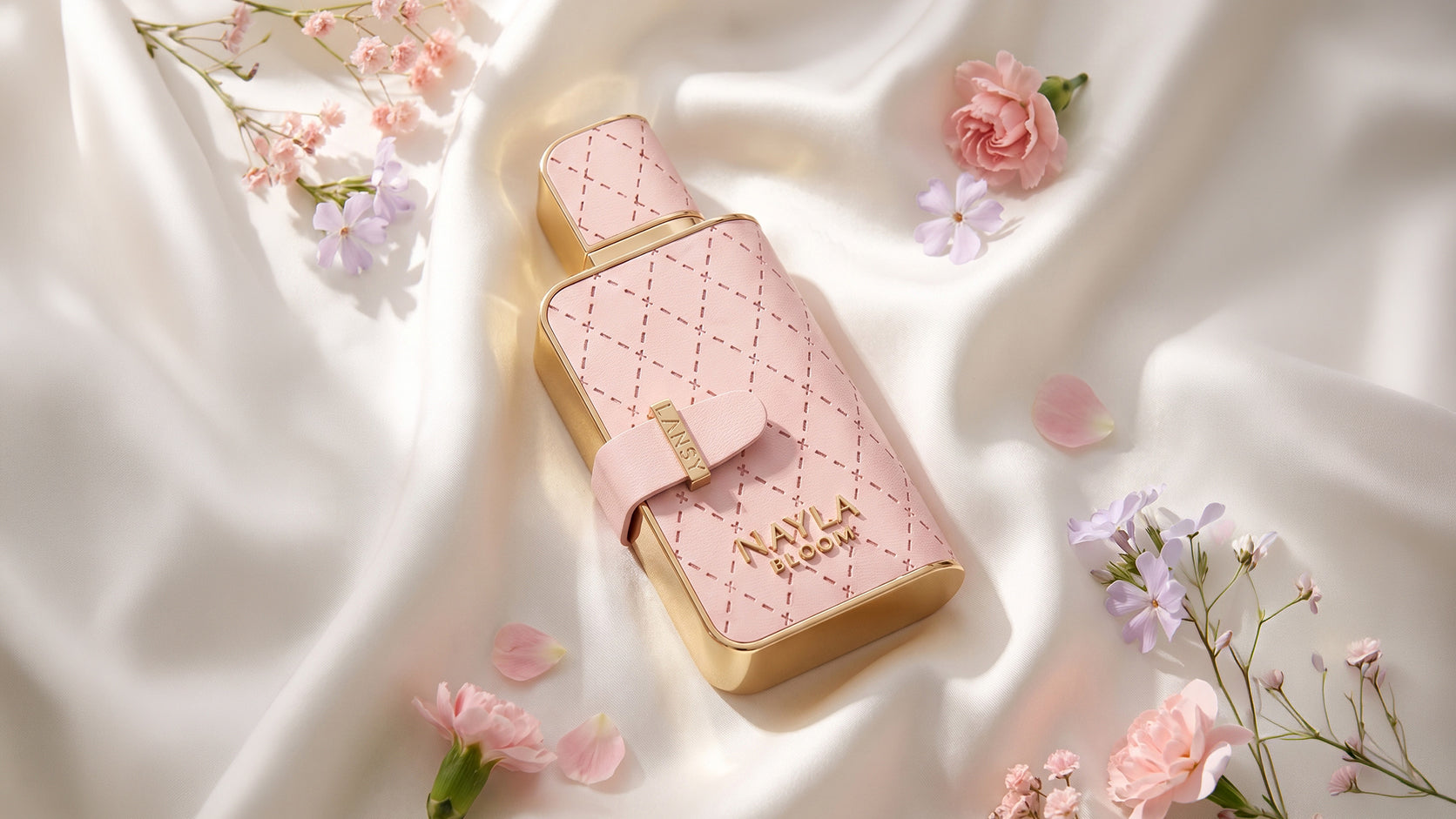 LANSY Nayla Bloom Parfum bottle on white satin with pink and purple flowers.
