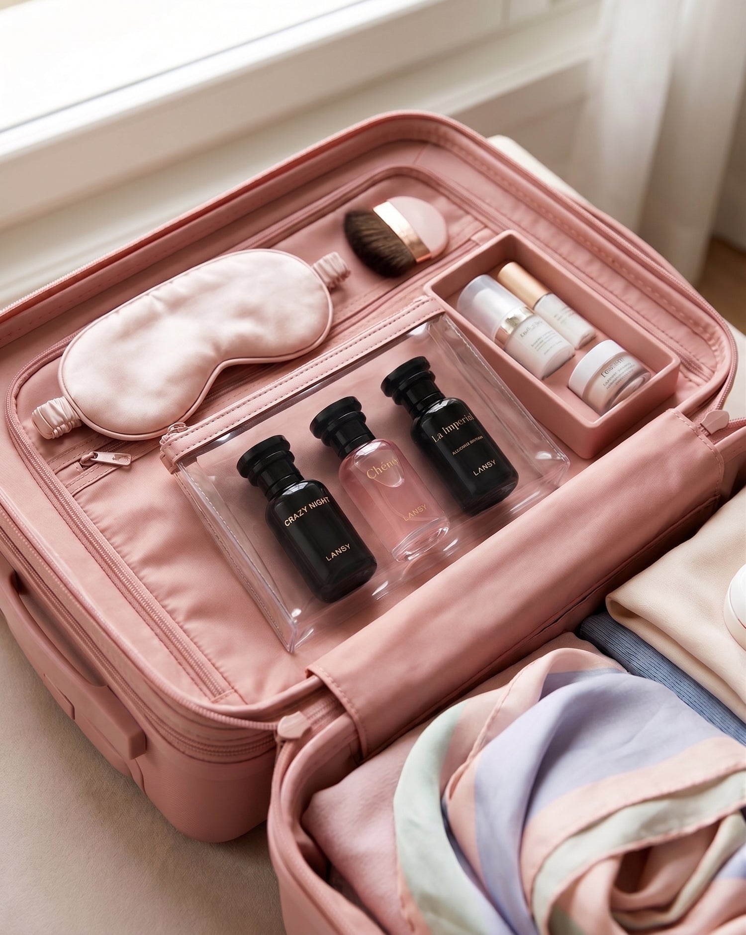LANSY travel perfume set in a pink case with mini fragrances and travel essentials.