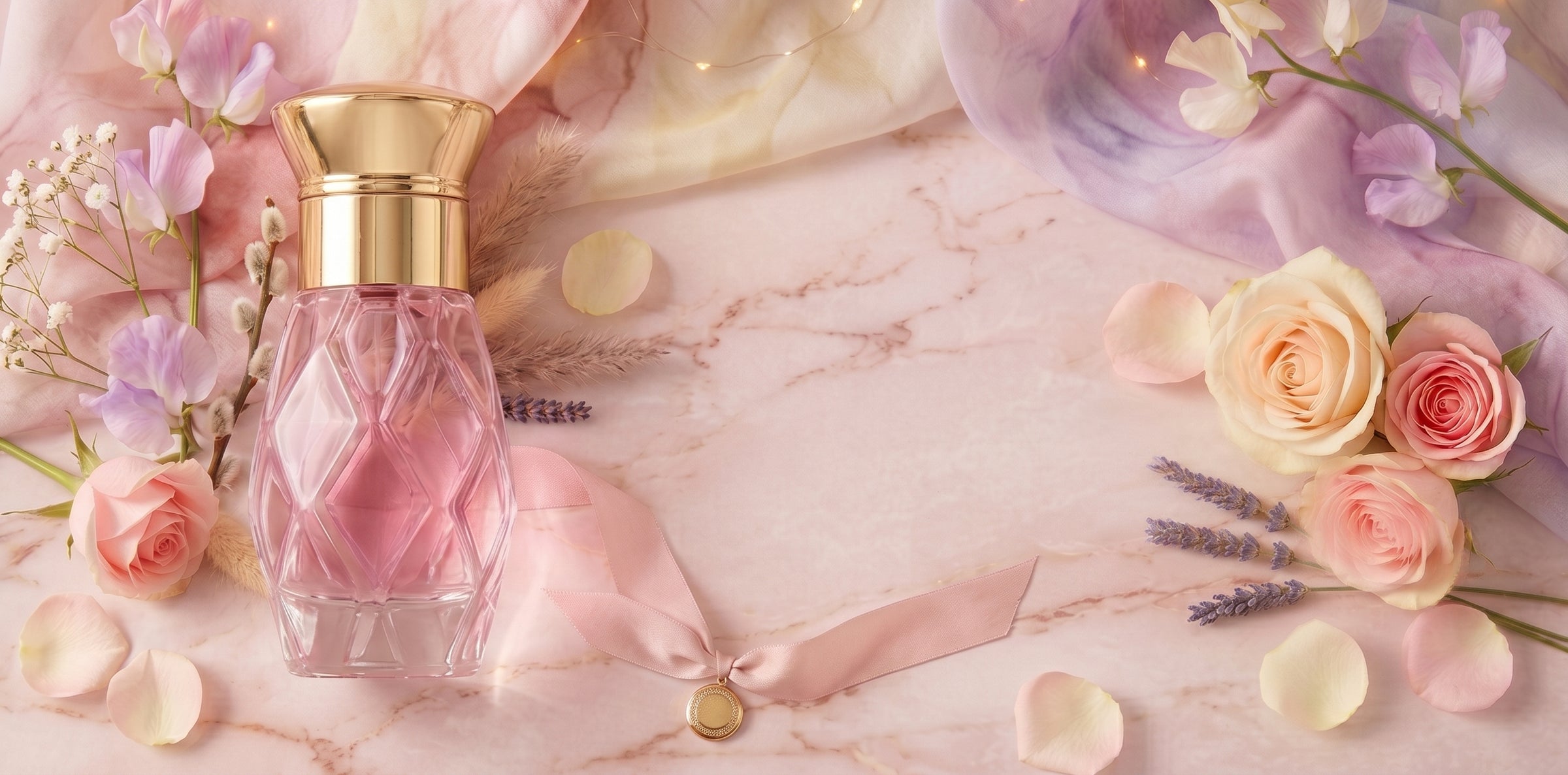 Pink perfume bottle with gold cap surrounded by roses and flowers on a soft pink marble background