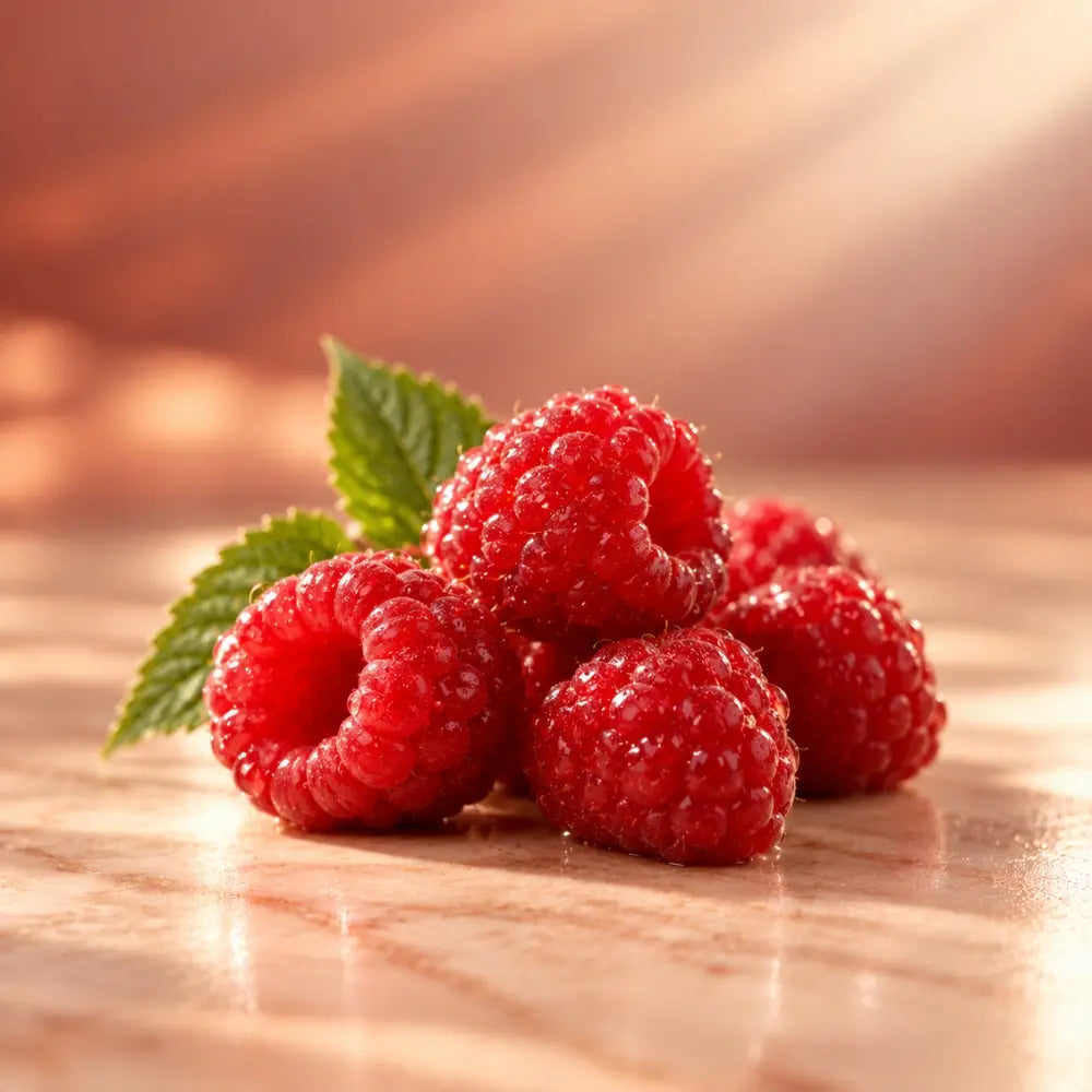 Juicy red raspberries with green leaves on luxurious peach marble in macro photography.