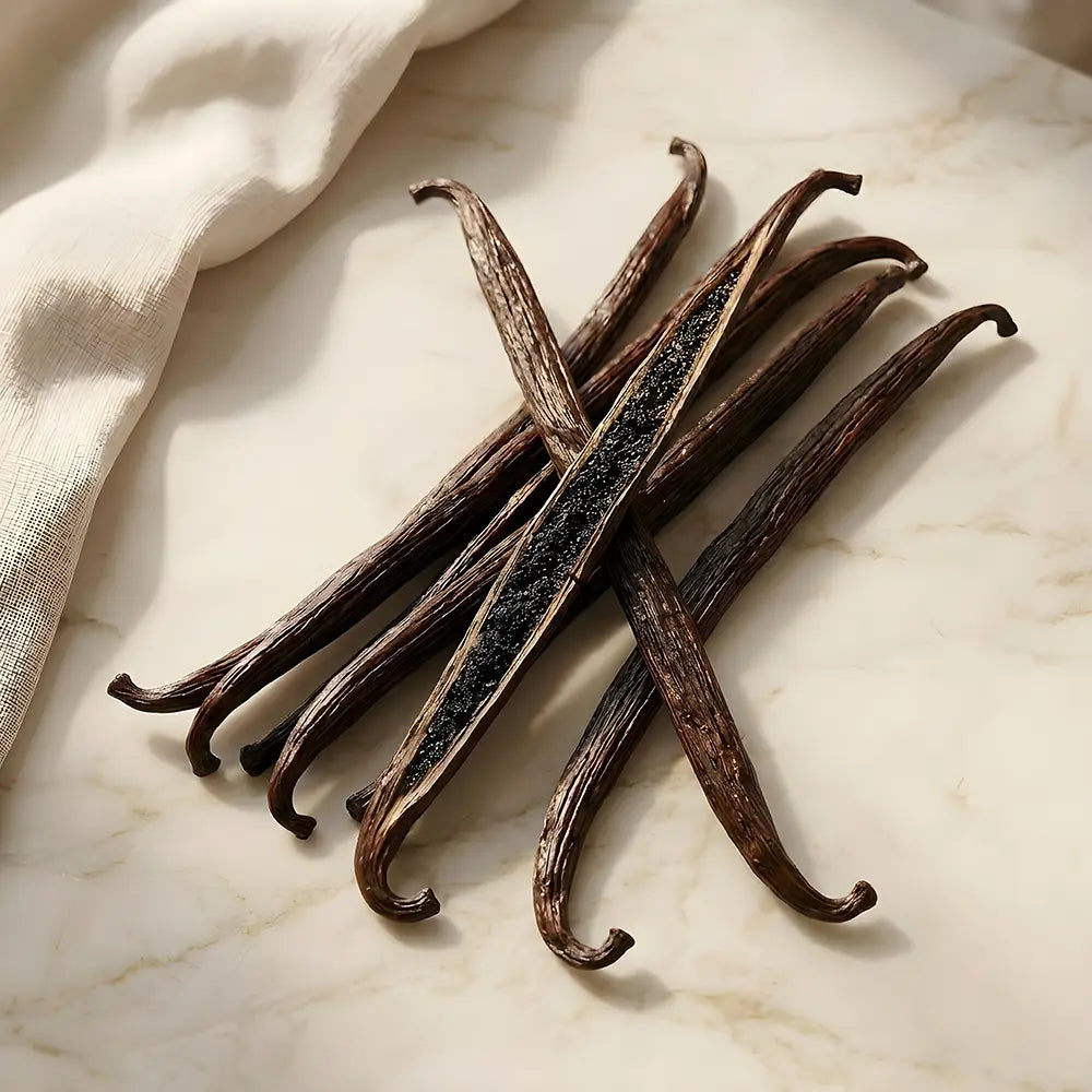 Whole vanilla pods on a marble surface with visible vanilla seeds.