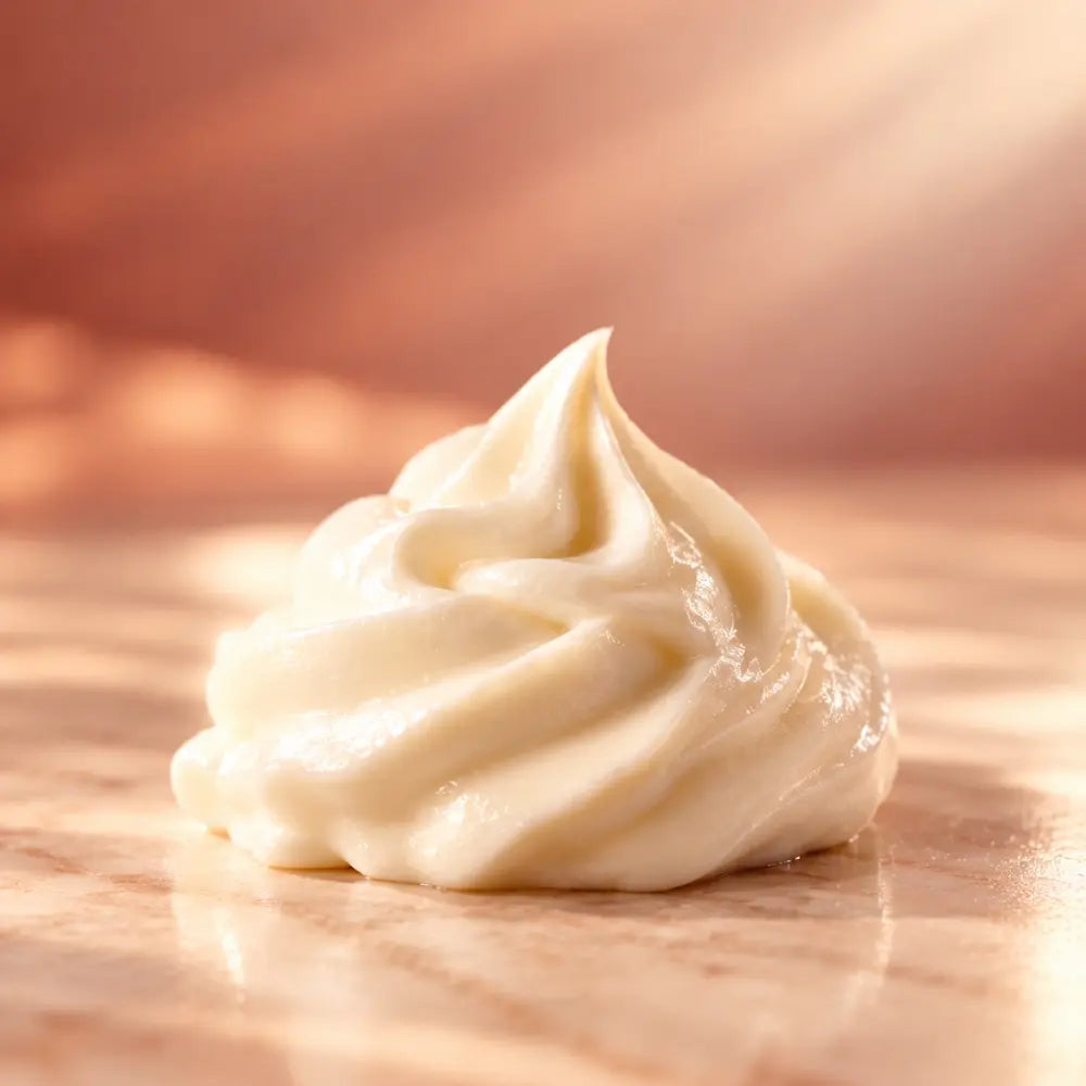 Close-up of silky whipped cream on elegant peach marble with soft warm lighting.